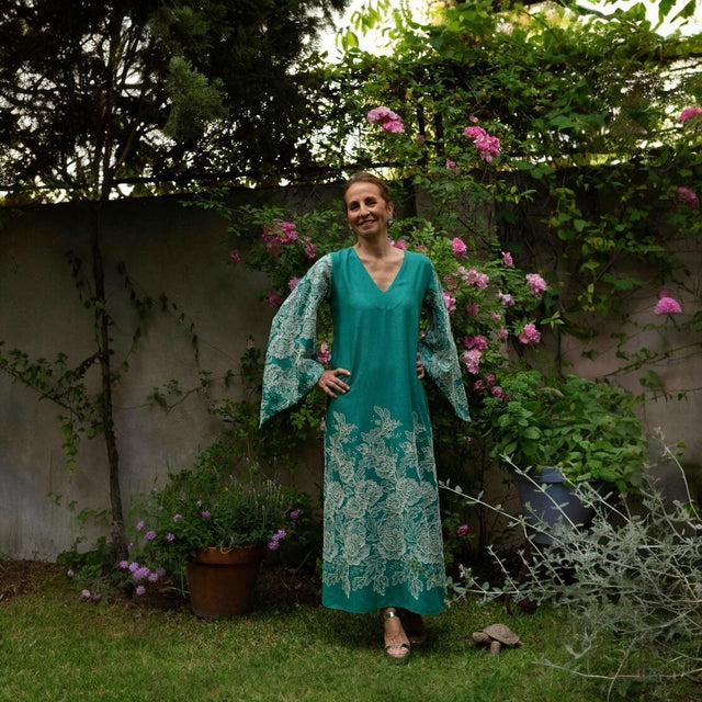 Caftán AMIRA Lino Verde bordado - Mariandrada